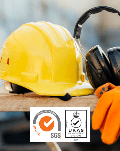 Health & Safety Equipment - hard hat googles, gloves, ear defenders and ISO 45001 Logo